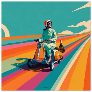 Retro Scooter Wine Poster with Colorful Road Perspective in vibrant retro travel style